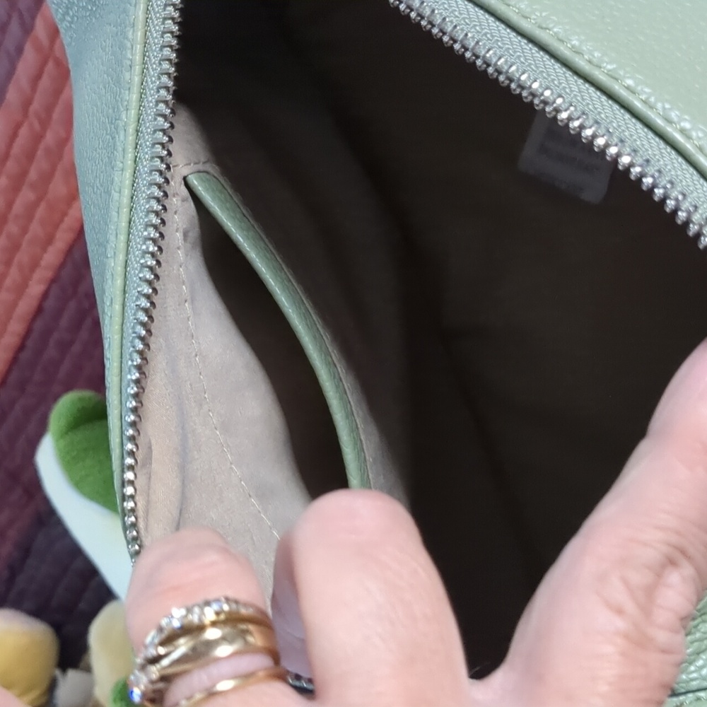 PINK STIX* sage green vegan crossbody adj. strap, dust bag zip top, 2 inside pkt - Picture 10 of 13